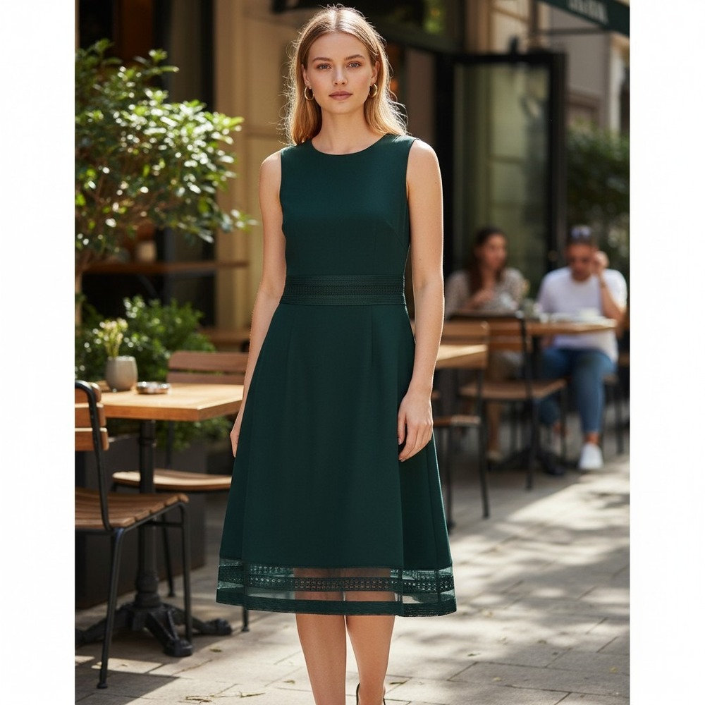 Calvin‎ Klein Womens Forest Green Mesh Stripe Fit and Flare Dress Size 2